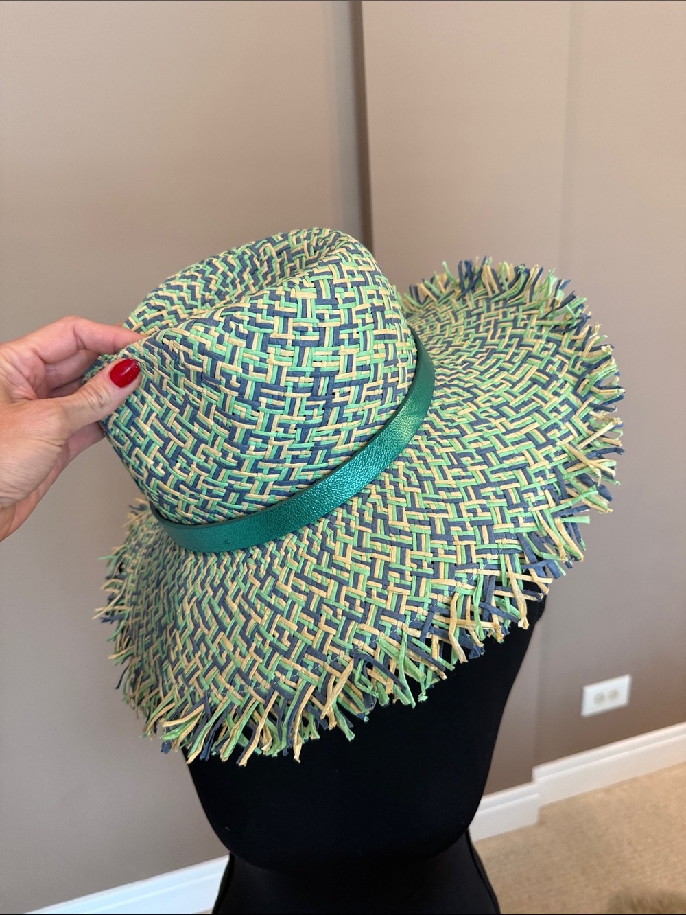 Kurt Geiger Teal & Cream Woven Sun Hat - Picture 3 of 5